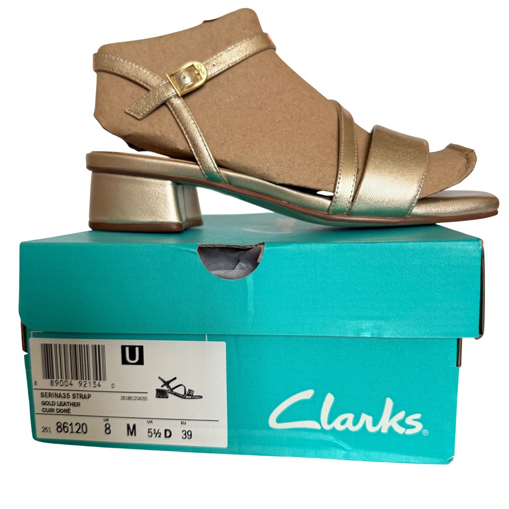 Clarks Serina35 Strap Gold Leather Block Heel Sandals Square Toe Womens 8 M